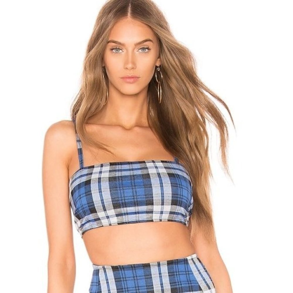 Motel blue plaid spaghetti strap cropped top size XS